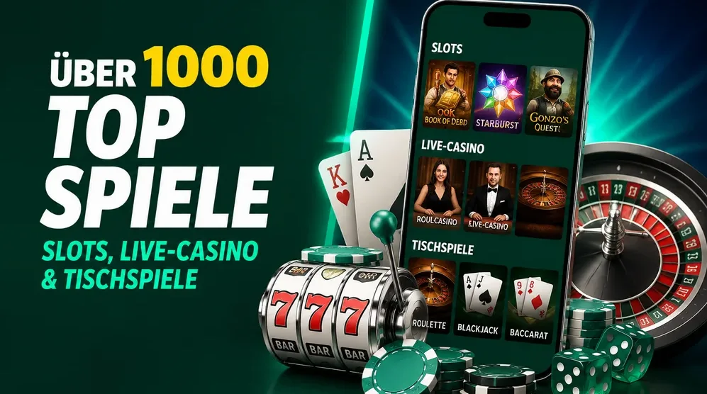 Spielekatalog mit Slots und Live-Casino-Tischen verschiedener Anbieter
