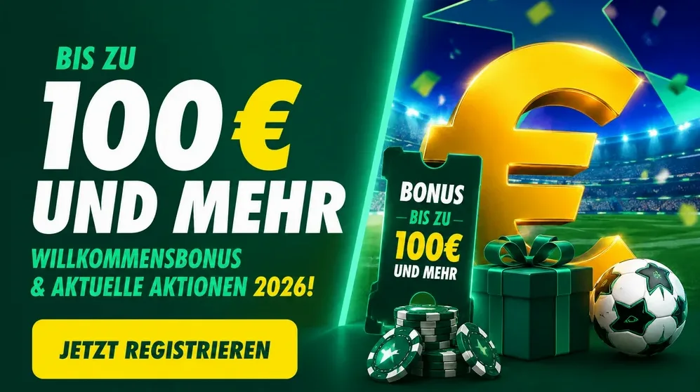 Willkommensbonus-Banner mit Euro-Zeichen und Sportwetten-Logo